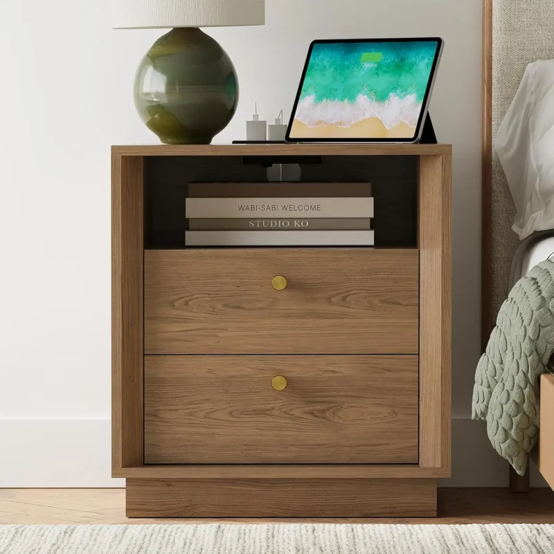 Rectangular Wood Nightstand with Charging Station Mid-Century Modern Bedside Table - Image 8