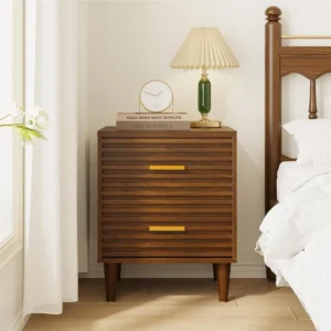 Walnut Wood Mid-Century Modern Nightstands Set of 2 with Storage Drawers