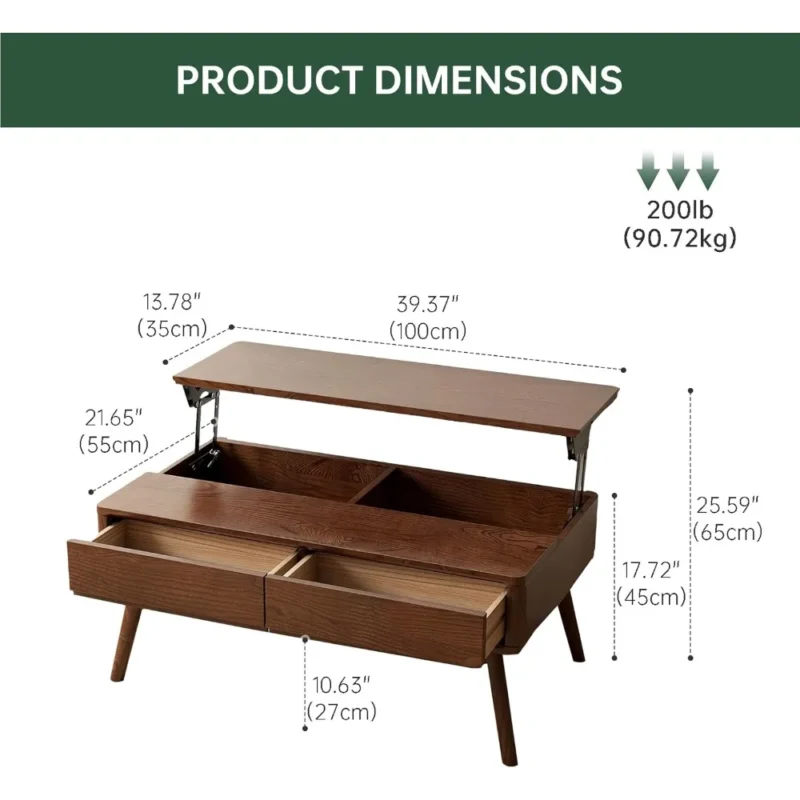 Rectangular Solid Oak Lift Top Mid-Century Modern Coffee Table with Storage - Image 2