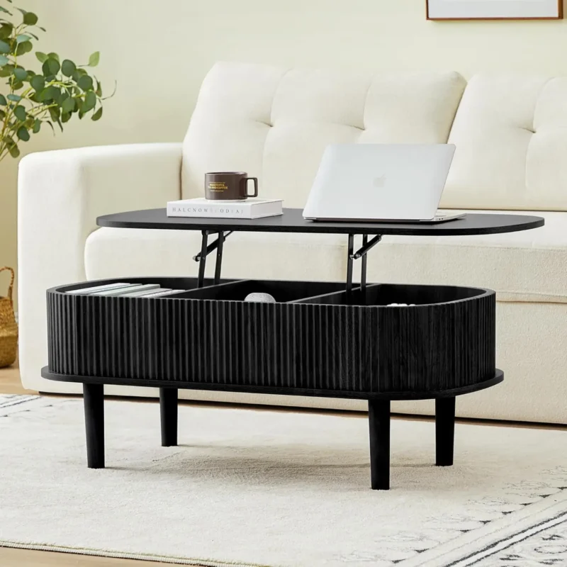 Oval Solid Wood Lift Top Mid-Century Modern Coffee Table with Hidden Storage - Image 8