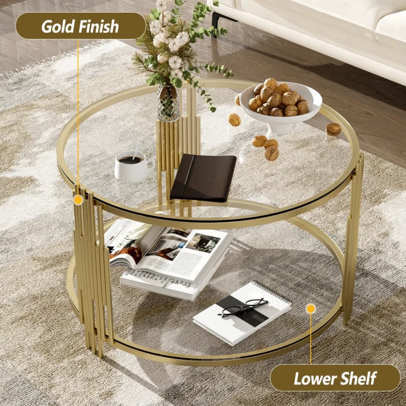 Round Glass Mid-Century Modern Coffee Table with Gold Metal Base - Image 2