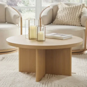Round Fluted Pine Wood Mid-Century Modern Coffee Table with Art Deco Influence