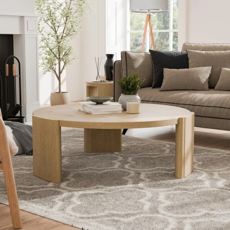 Round Oak Mid-Century Modern Coffee Table with Solid Wood Plinth Base