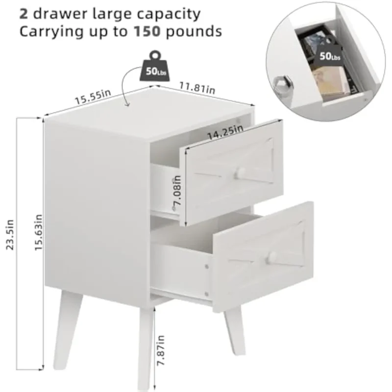 White Mid-Century Modern Nightstand Set with Barn Door Design and Two Drawers - Image 3
