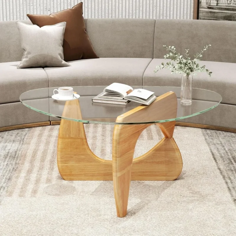 Oval Tempered Glass Mid-Century Modern Coffee Table with Rubber Wood Base - Image 3