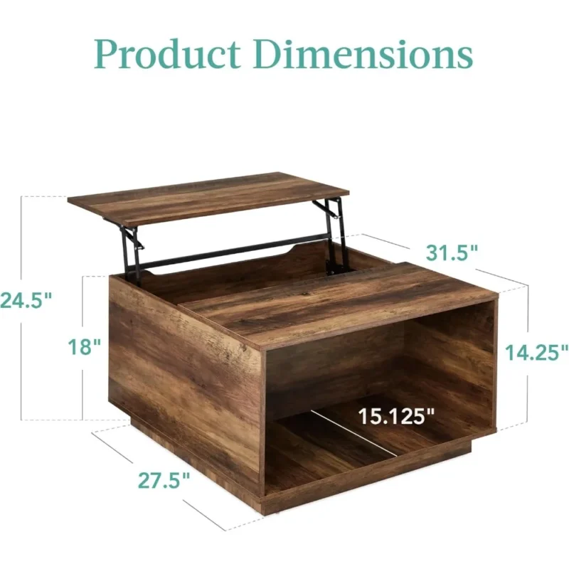Square Lift Top Wood Coffee Table with Hidden Storage Modern Rustic - Image 2