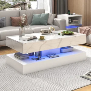 Rectangular LED Coffee Table with Storage Drawers and Double-Layer Design