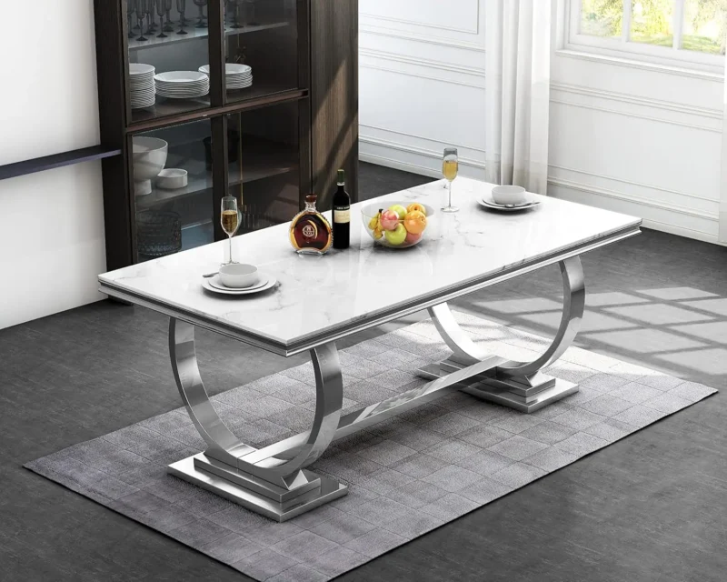 Rectangular White Marble Coffee Table with U-Shaped Stainless Steel Base - Image 11