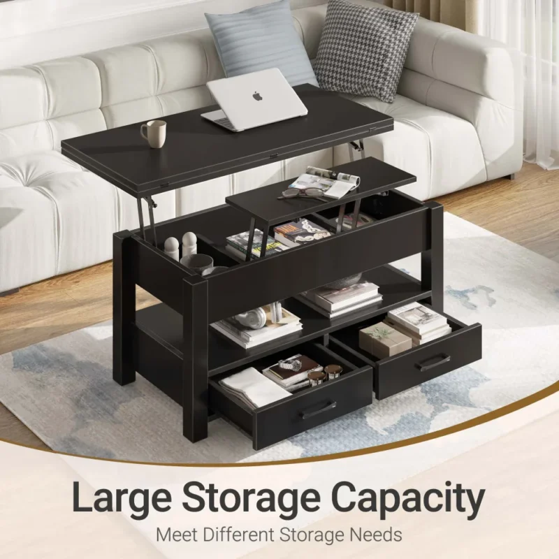 Rectangular Black Lift Top Coffee Table with Storage - 39" Modern Minimalist Design - Image 4