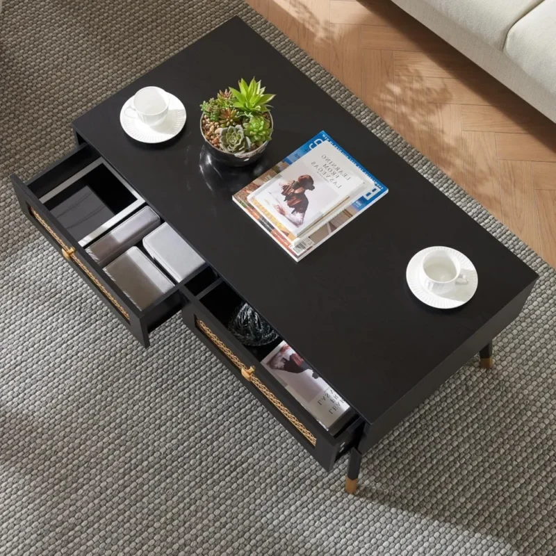 Rectangular Black Wood Mid-Century Modern Coffee Table with Storage Drawers - Image 4