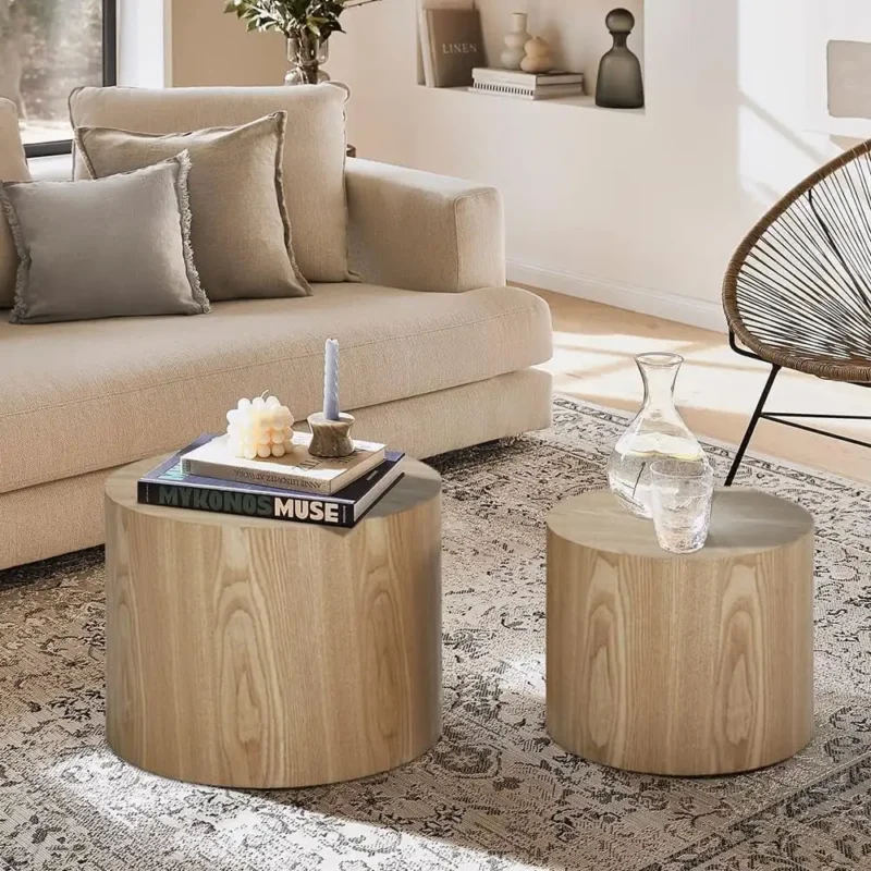 Round Nesting Mid-Century Modern Coffee Table Set with Wooden Legs - Image 9