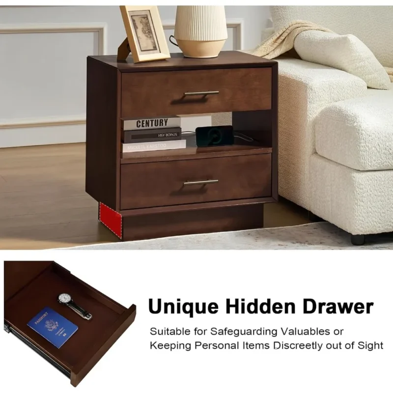Walnut Wood Mid-Century Modern Nightstands with Charging Station and Hidden Storage - Image 3