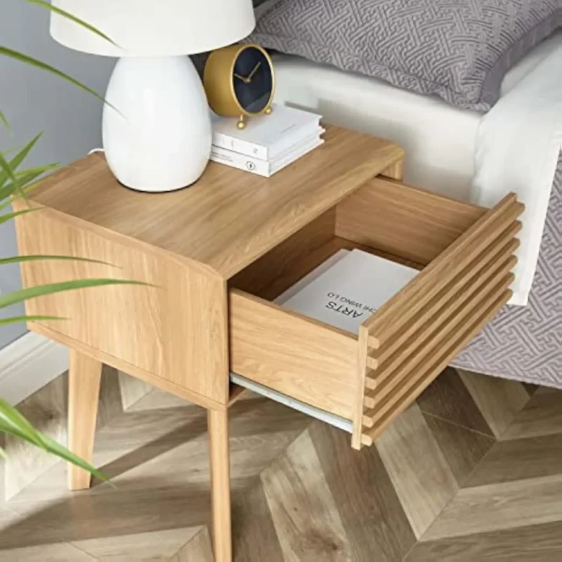 Oak Wood Square Mid-Century Modern Side Table with Storage Shelf - Image 4