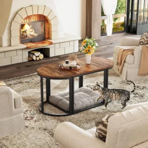 Oval Wooden Mid-Century Modern Coffee Table Set with Metal Frame and 2 Side Tables