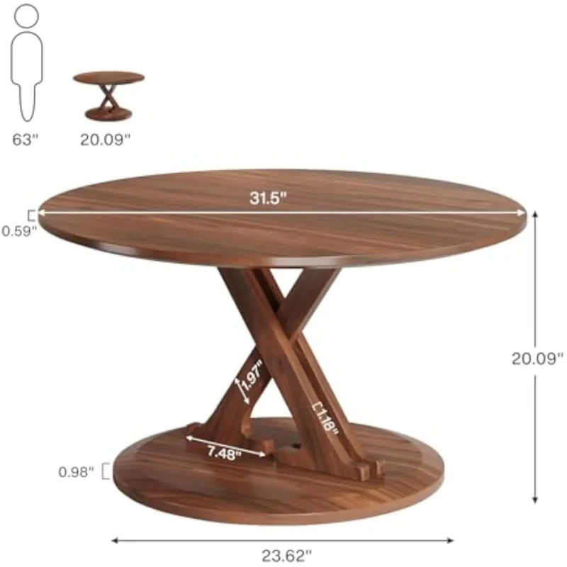 Round Walnut Wood Mid-Century Modern Coffee Table with X-Shaped Base - Image 2