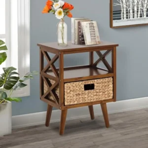 X-Shape Walnut Wood Mid-Century Modern Nightstand with Storage Shelf and Basket