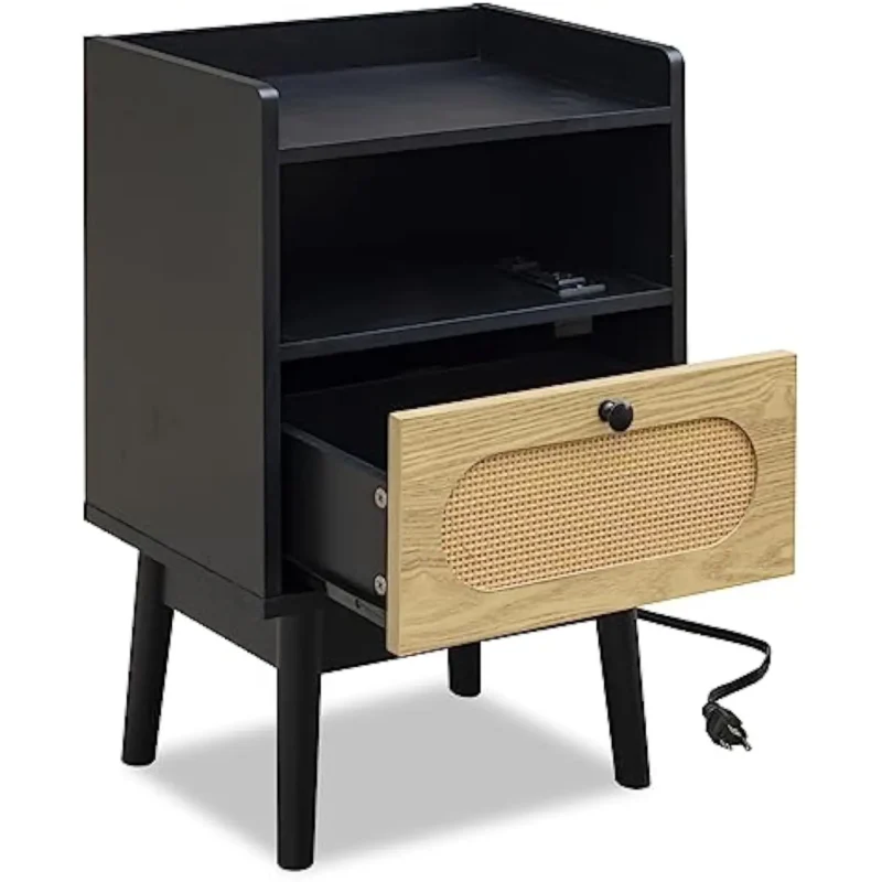 Round Rattan Modern Nightstand Set with Charging Station Mid-Century Bedside Tables - Image 6