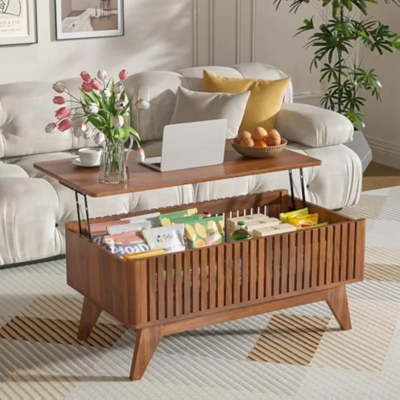 Fluted Lift Top Mid-Century Modern Coffee Table with Hidden Storage - Image 3