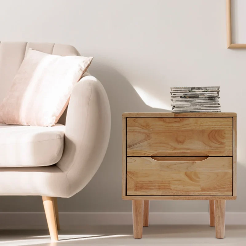 Oak Wood Mid-Century Modern Nightstand with 2 Storage Drawers - Image 5