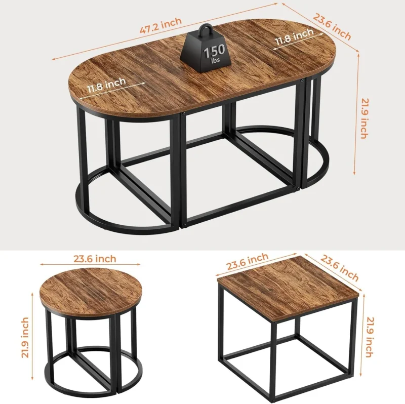 Oval Wooden Mid-Century Modern Coffee Table Set with Metal Frame and 2 Side Tables - Image 3