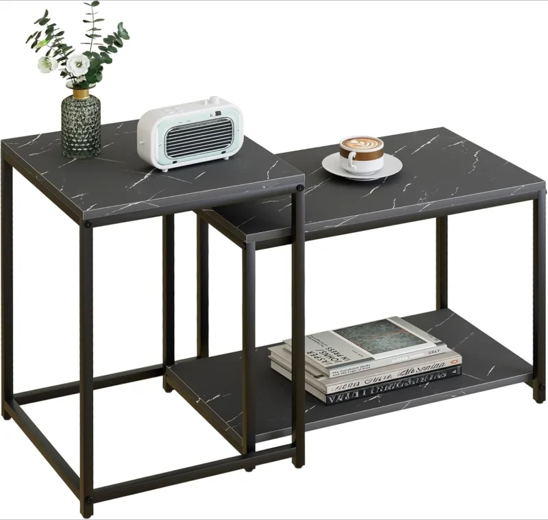 Oval Nesting Marble-Look Coffee Tables Set Mid-Century Modern Storage Tables - Image 2