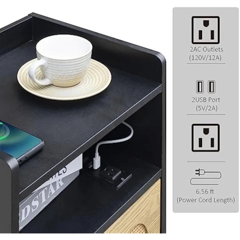 Round Rattan Modern Nightstand Set with Charging Station Mid-Century Bedside Tables - Image 5