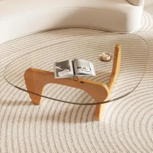 Triangular Glass Top Mid-Century Modern Coffee Table with Natural Wood Base
