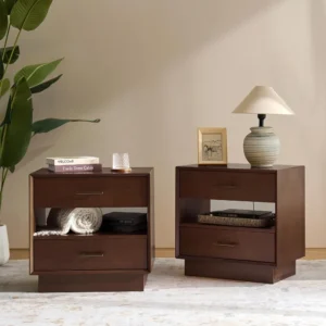Walnut Wood Mid-Century Modern Nightstands with Charging Station and Hidden Storage