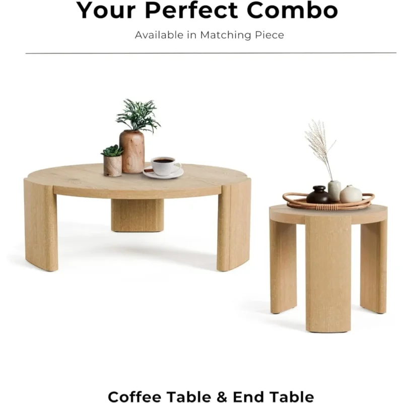 Round Oak Mid-Century Modern Coffee Table with Solid Wood Plinth Base - Image 6