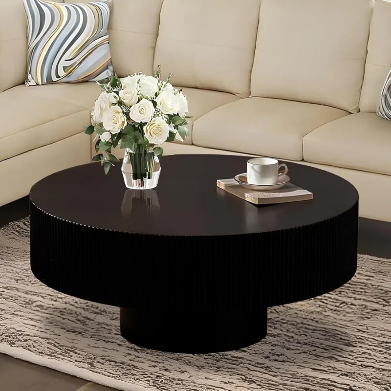 Round Fluted Wood Mid-Century Modern Drum Coffee Table with Embossed Edge - Image 8