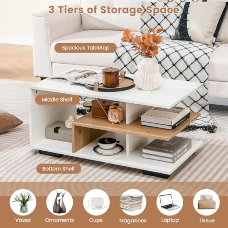 Rectangular Wooden Modern 3-Tier Coffee Table with L-Shaped Storage Shelves - Image 4