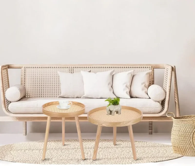Round Rattan Nesting Coffee Tables Set of 2 Mid-Century Modern Side End Tables - Image 2