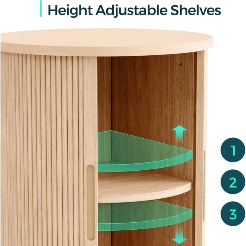 Round Engineered Wood Mid-Century Modern Side Table with Tambour Door Storage - Image 5