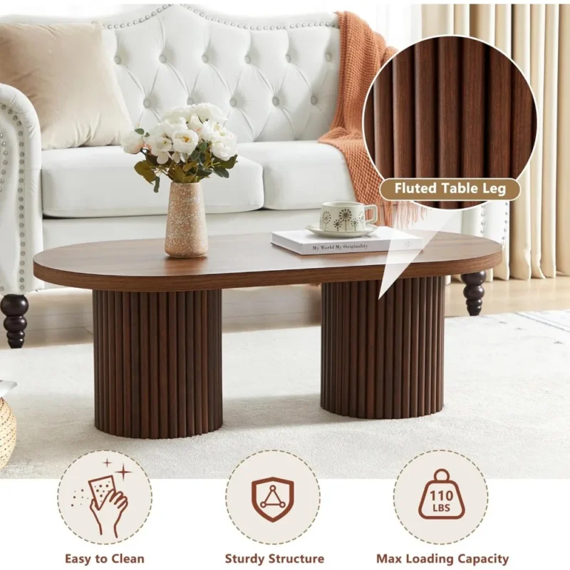 Oval Engineered Wood Mid-Century Modern Coffee Table with Fluted Legs - Image 4