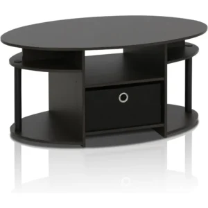Oval Walnut Mid-Century Modern Coffee Table with Storage Bin