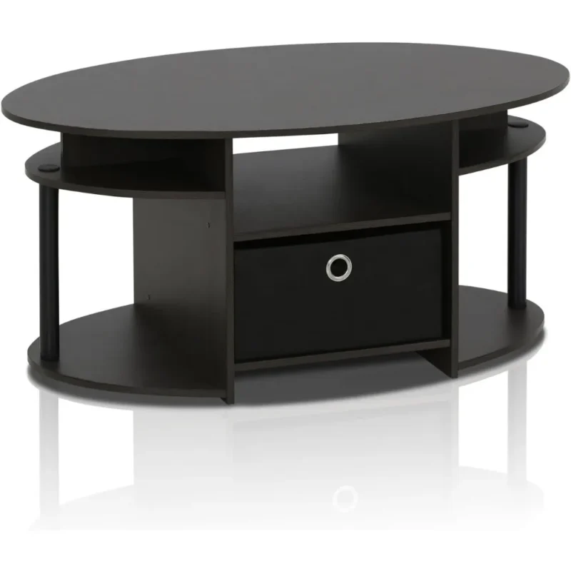 Oval Walnut Mid-Century Modern Coffee Table with Storage Bin