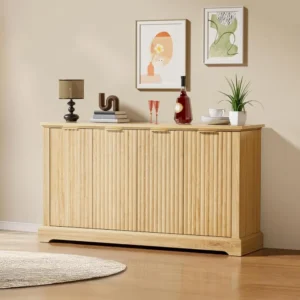 Fluted Oak Mid-Century Modern Sideboard with 4 Doors and Adjustable Shelving