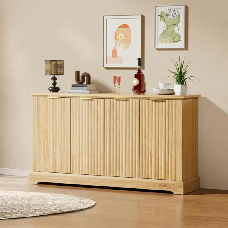 Fluted Oak Mid-Century Modern Sideboard with 4 Doors and Adjustable Shelving