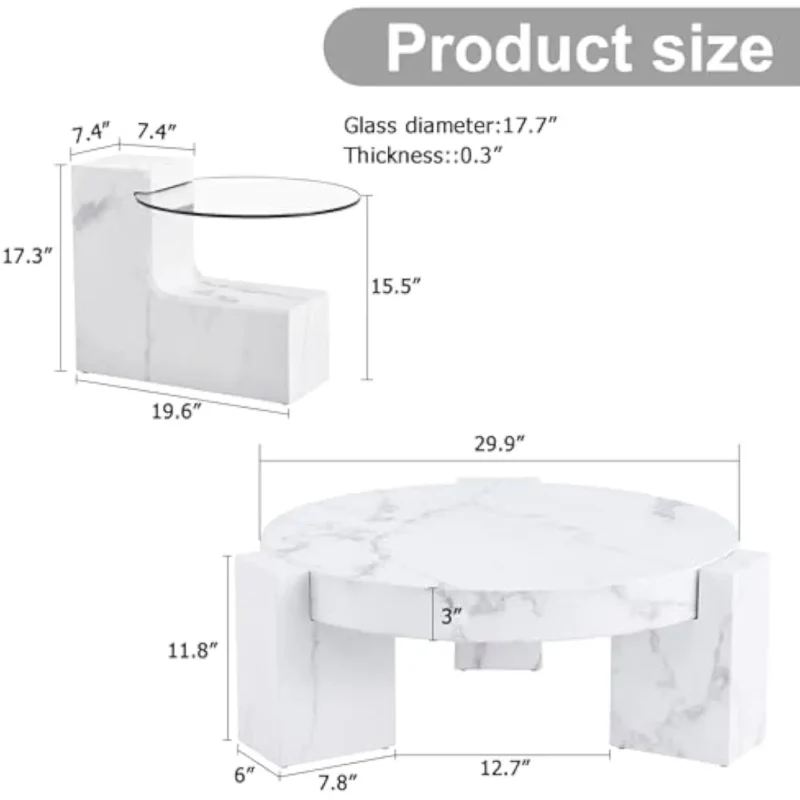 Round Marble Top Mid-Century Modern Coffee Table Set with Glass Side Table - Image 2