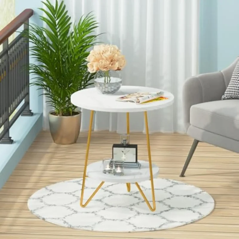 Round Faux Marble Two-Tier Mid-Century Modern Side Table with Gold Base - Image 4