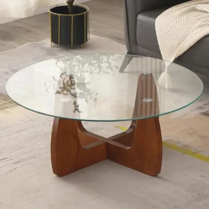 Round Glass Mid-Century Modern Coffee Table with Metal Base