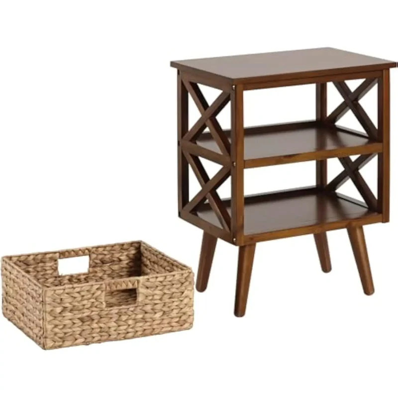 X-Shape Walnut Wood Mid-Century Modern Nightstand with Storage Shelf and Basket - Image 5