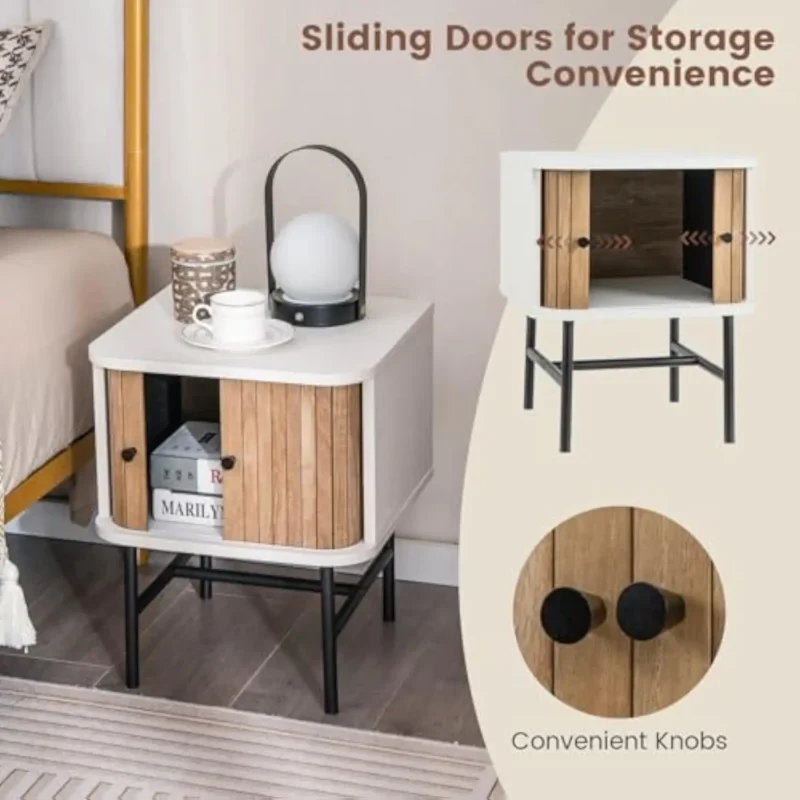 Modern Wood Nightstand Set of 2 Mid-Century Bedside Tables with Sliding Doors - Image 4
