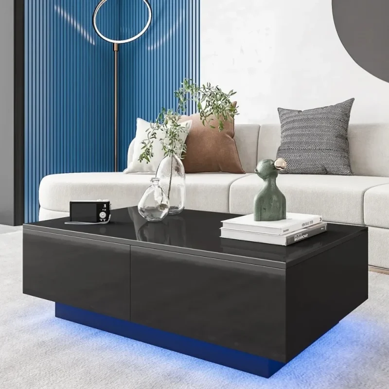 Rectangular Black High Gloss Coffee Table with 4 Drawers Modern Living Room Storage