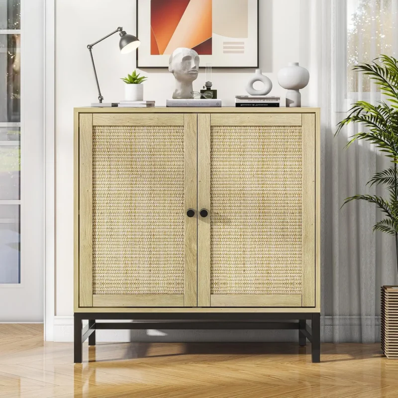 Walnut Rattan Mid-Century Modern Sideboard Cabinet with 4 Doors - Image 8