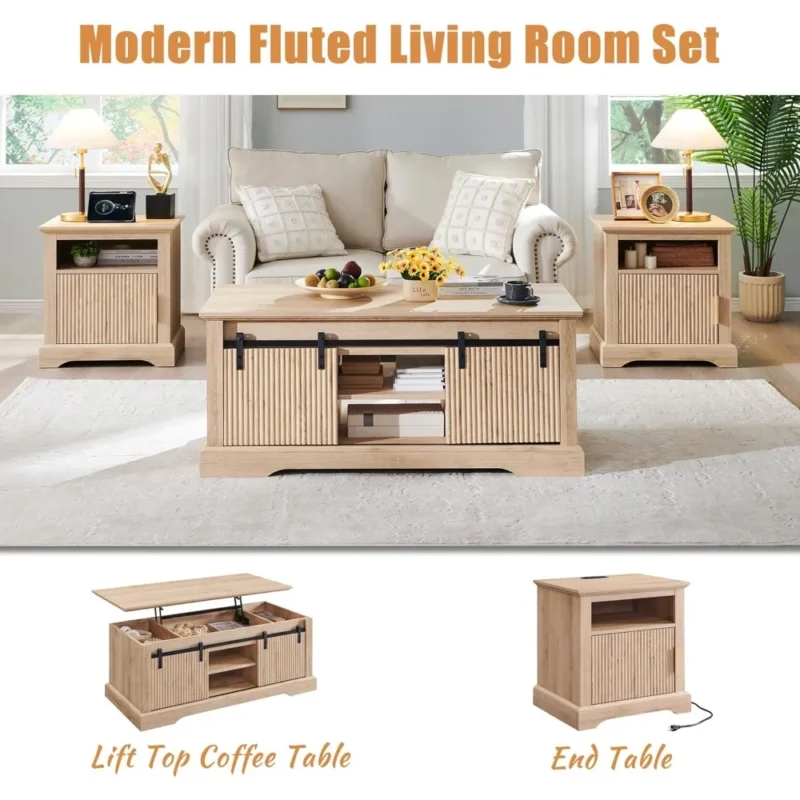 Fluted Rectangular Lift Top Coffee Table with Storage Compartment and Sliding Door - Image 6
