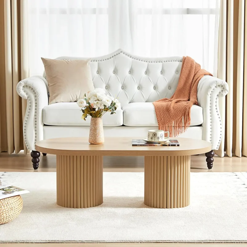 Oval Engineered Wood Mid-Century Modern Coffee Table with Fluted Legs - Image 8