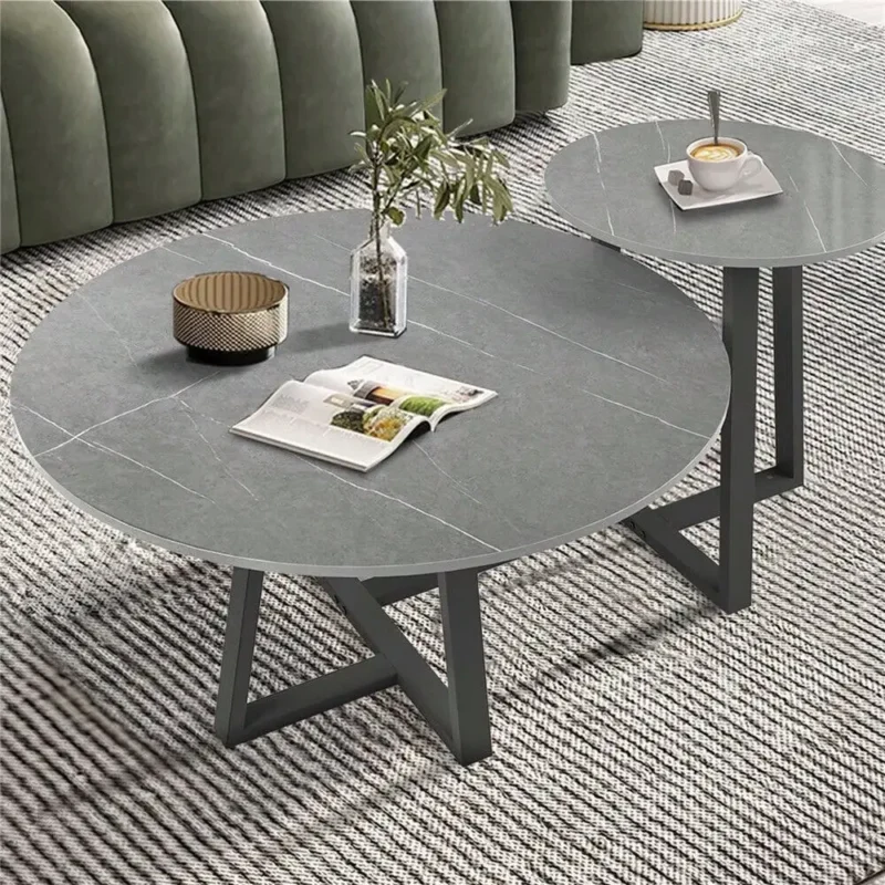 Round Marble Top Nesting Coffee Tables Set with Carbon Steel Base Mid-Century Modern Design - Image 2