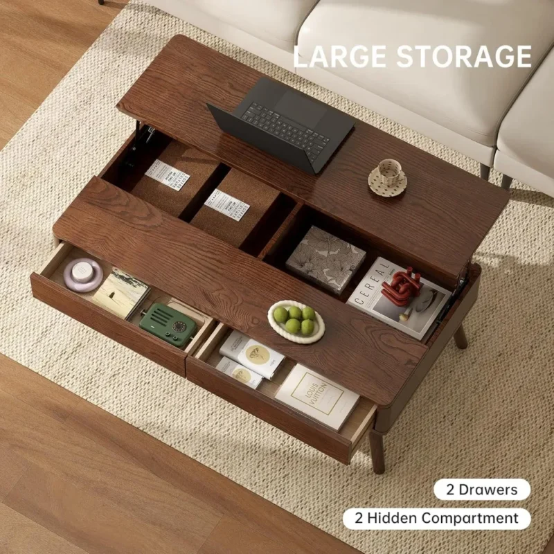 Rectangular Solid Oak Lift Top Mid-Century Modern Coffee Table with Storage - Image 5