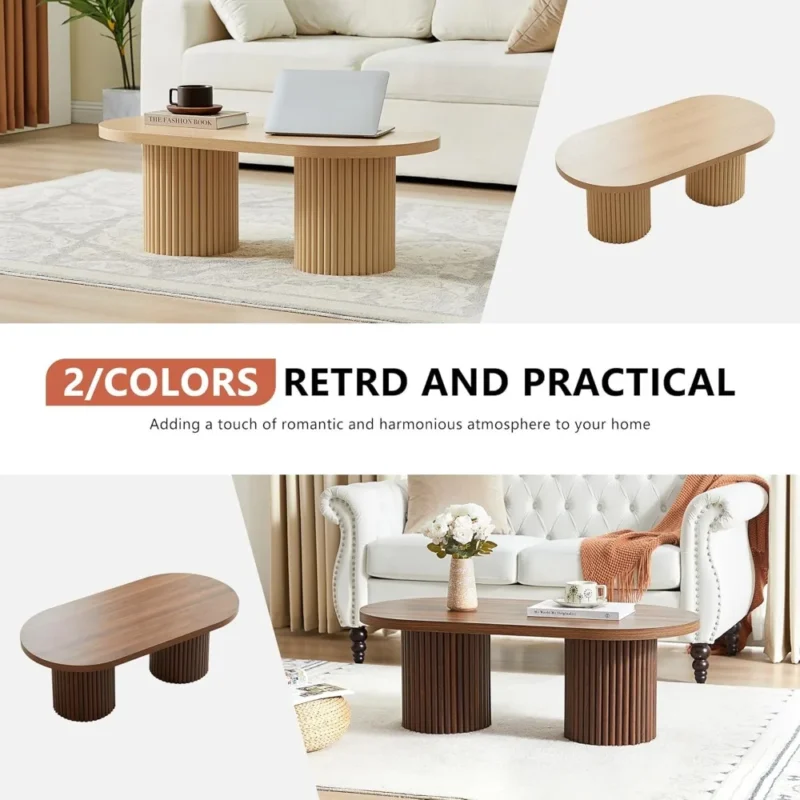 Oval Engineered Wood Mid-Century Modern Coffee Table with Fluted Legs - Image 6